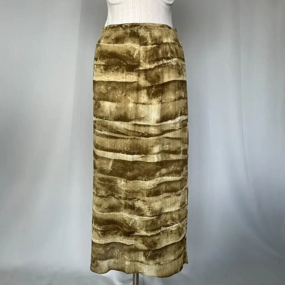Boho Midi Skirt Size Small Green Brown Abstract Crinkle Pleated Fairy Whimsigoth